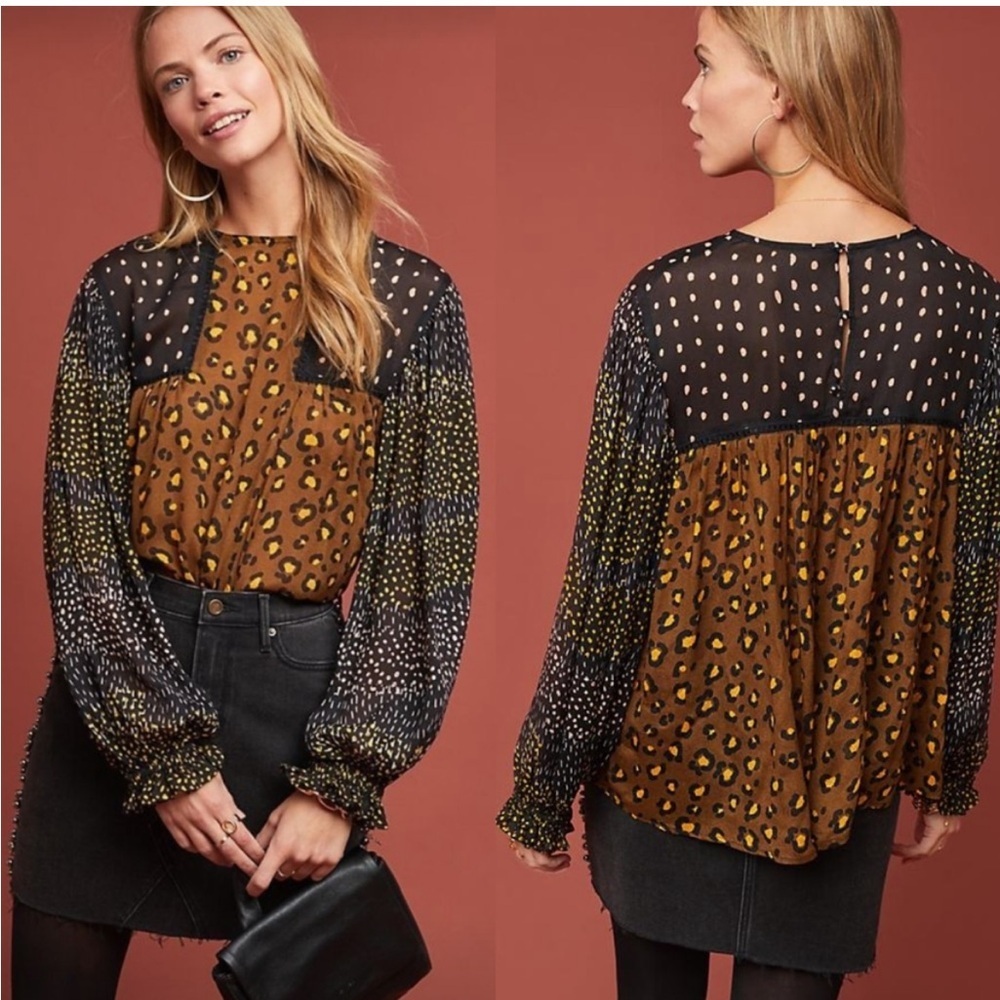 bl^nk bl-nk London Anthropologie Brown Black Leopard Miranda Peasant Blouse XS